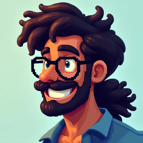 create a pixelated character with glasses, dark-skinned, curly mullet hair, big nose, with a happy face, dark brown mustache and beard, about 20 years