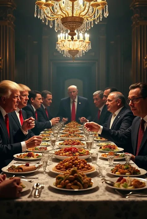 Create an image with a sober and terrifying aura of politicians at an extravagant banquet with lots of luxurious food and drink, highlighting their contempt for the population with perks and waste. 