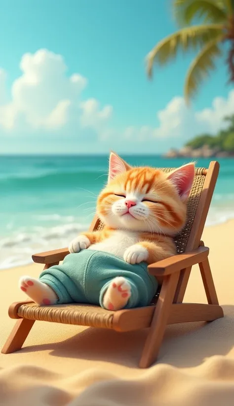 a cute cat wearing a pants, is sleeping on a sunbathing chair, by the beach, photograph