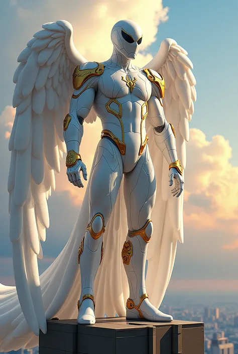 Spiderman with high advance white armor with golden ornament ready for battle standing on top of the highest building with beautiful sky like an angle