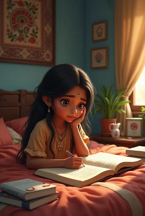 Indian girl studying in bed 