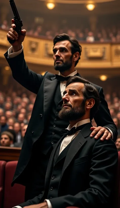 Booth Behind Lincoln: A close-up shot of John Wilkes Booth standing directly behind President Lincoln in the presidential box. Booth is about to raise his pistol, with Lincoln unaware of the danger, his attention focused on the stage.