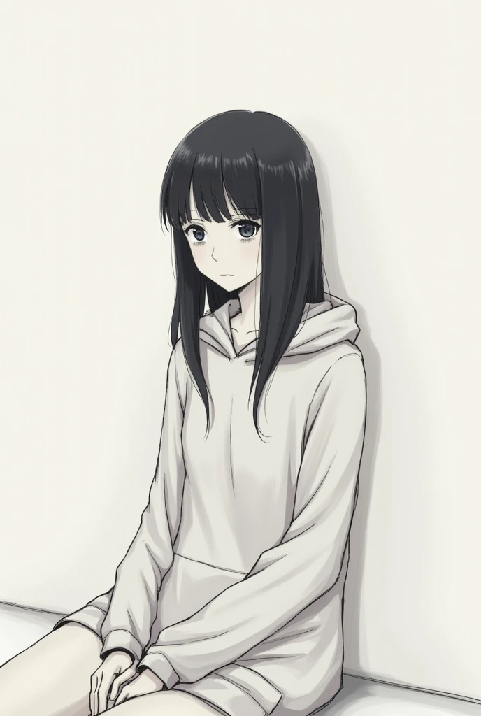 ### Descriptive Tags expressionless, straight long hair, black hair, layered bangs, casual clothing, hoodie, sitting pose, looking down, monochrome background, soft lighting, quiet atmosphere, sketch style, drawing ### Caption "A girl with straight long bl...