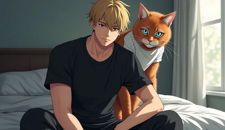 A guy with blonde hair, gray eyes, Beautiful face, beautiful body, black T-shirt, black trousers, sitting leaning against the bed, An orange cat transforms into a black hair guy and blue eyes stands a behind room., Beautiful face, beautiful body, White T-s...