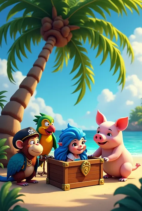 pirates monkey, a parrot and a pig found a treasure under a palm tree, There was a princess with blue hair in the chest 