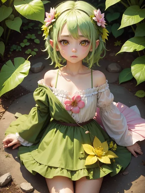 cute little Fairy, green Leaf, yellowgreen hair, pink eyes,clothes made from leaves、 Gaze, flower、flowerびら 葉っぱ