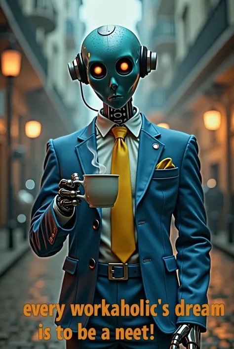 Fantastic, haunting, surreal, a robot wearing a blue suit with a yellow minion-style tie holding a hot mug of coffee, (retro steampunk style Nv 7) (semi-realism Lv 9) (photogenic profile Lv9) (RAW Quality Lv9) cinematic, Dramatic, work of art, dynamic view...