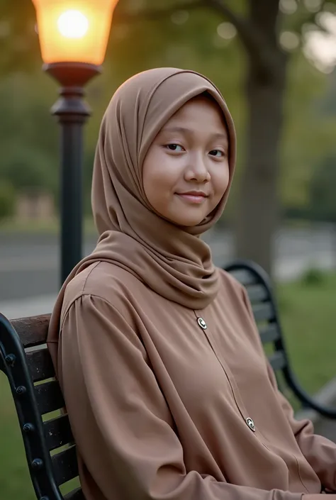 photorealistic, a beautiful girl, blushing, wearing a hijab, wearing a tunic dress, sitting on a park chair, next to a lamp is on, with soft light, late afternoon, blurry background. ultra HD, High quality, details facing the camera