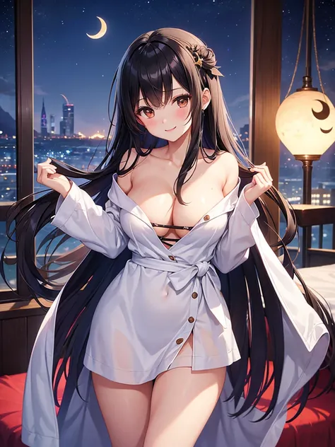 girl, cute, adorable, smiling, straight hair, long hair, black hair, brown eyes, cleavage, standing, looking at the camera, from thighs to head, bedroom, night, crescent moon, blushing, wet, hand on chest, bathrobe