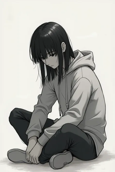 ### Descriptive Tags expressionless, straight long hair, black hair, layered bangs, casual clothing, hoodie, sitting pose, looking down, monochrome background, soft lighting, quiet atmosphere, sketch style, drawing ### Caption "A boy with straight long bla...