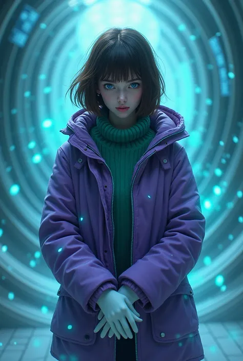 Girl, Cyber Siren, brown hair, bob haircut, bangs, purple snow jacket with green sweater inside, hands crossed, slightly serious expression, big eyes, white gloves, blue eyes, sea of electrons, 