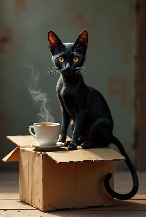 make a picture of a black cat on top of a moving box with a coffee next to it, for a tattoo