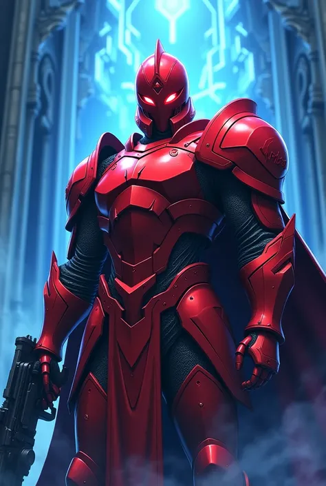 Create a knight wearing a red armour and red lightning  eyes and holding a gun in backgrond blue light and write SHARATH on armour in anime version