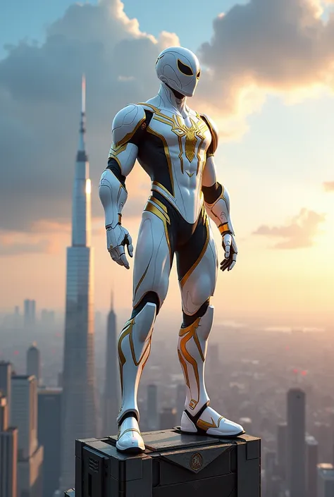 Spiderman with high advance white armor with golden ornament ready for battle standing like spidey style on top of the highest building with beautiful sky 