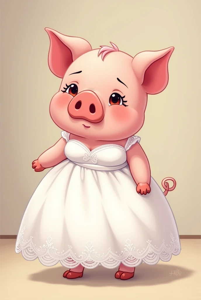 A young pig tries on a wedding dress but she walks away feeling fat cartoon.