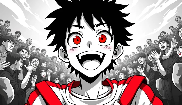 A manga style image, black andwhite, a person in ckouse-up working. Red eye, red contour line on shoulders, Grinning, glad. People applauding in the background.