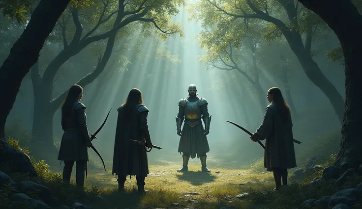 "Create a powerful scene featuring a knight, without armor and with a sword in the sheath, finding a group of just 3 people: a tall and very strong man, a middle-aged man and a young woman with bow and arrow in their hands. They are in a shady clearing, su...