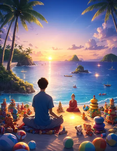 Sad man surrounded by toys. A tropical island in the background.There are small tropical islands in the distance，Dusk sunset，Beautiful scenery and beach. Movie Lighting. meditation的男孩. meditation. Ultra HD，The overall tone of the picture is，Heal the mind，S...