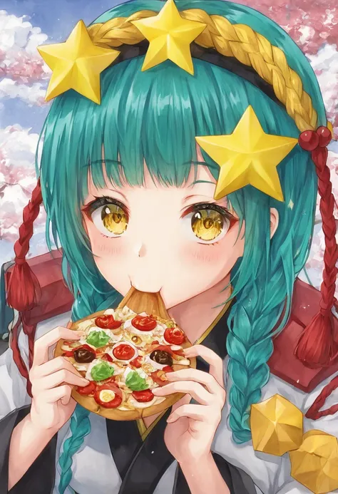  Woman with long turquoise hair, yellow eyes, yellow star on the head, visiting Chile, dressed in traditional Chilean clothing, eating empanadas.