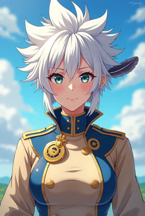 spiky white hair, intricate beige and blue uniform with a gold emblem, feather accessory, outdoor setting with clear sky and clouds, bright natural lighting, colorful and lively atmosphere., Front view, balanced exposition.