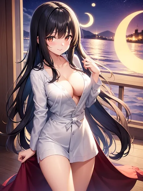 girl, cute, adorable, smiling, straight hair, long hair, black hair, brown eyes, cleavage, standing, looking at the camera, from thighs to head, bedroom, night, crescent moon, blushing, wet, hand on chest, bathrobe