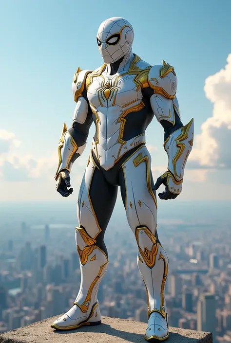 Spiderman with high advance white armor with golden ornament ready for battle in squat style like spidey style on top of the highest building with beautiful sky 