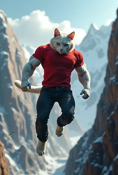 A body builder white cat in human body wearing red t-shirt and black jeans  falling from a mountain 