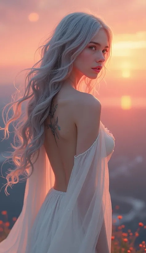 One girl, Long Hair, Open your mouth a little, Pink eyes, Overlooking, abstract expressionism, Anatomically correct, Highest quality, Gray Hair, White Dress,lotus tattoo on back,sunset,Bokeh ball,Turn your back,profile