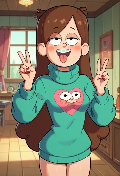 Mabel, peace sign, tilt your head, ahegao, cowboy shot, red nails, orthodontic appliances, half-closed eyes, breasts small, high collar sweater, long eyelashes,looking at the spectator, Inside the house, Room, best qualityer 