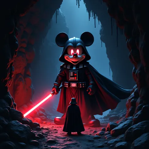 A poster styled after Star Wars with the iconic logo replaced by the text Disney Wars in bold, futuristic font. Deep within a dark, foreboding cave, Sith Mickey Mouse strides forward from the shadows, his head hidden deep beneath his hood. His glowing red ...