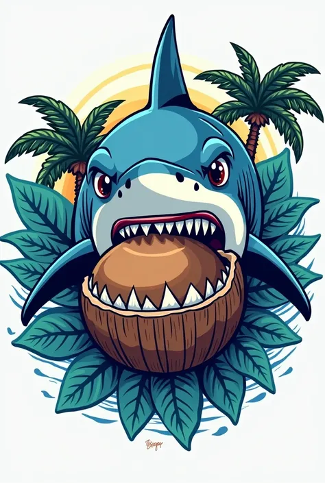 Create a logo that contains a shark with a coconut in its mouth that looks eye-catching 