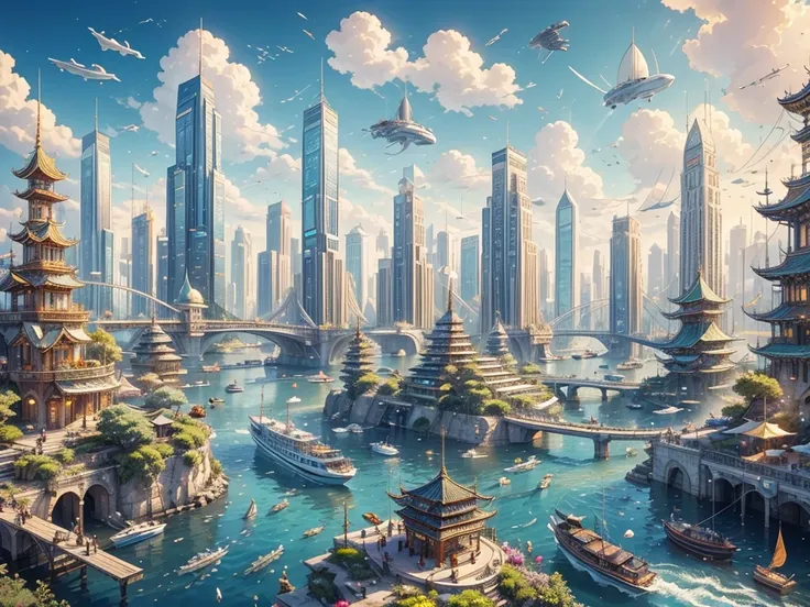 floating city: A city characterized by floating buildings and bridges。Colorful fish swim beneath the clear water.、Airships fly in the sky。