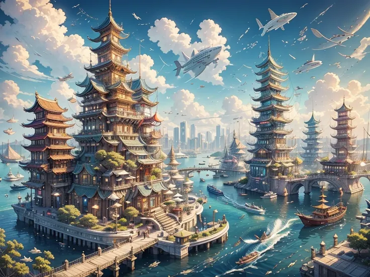 floating city: A city characterized by floating buildings and bridges。Colorful fish swim beneath the clear water.、Airships fly in the sky。