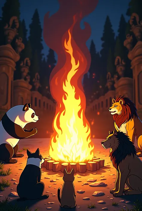 An anime-style scene inspired by JoJo&#39;s Bizarre Adventure showing a group of anthropomorphic animals gathering around a large campfire. A Panda, a wolf, a dog, A lion and a tiger are brought together in a dramatic and stylized setting, characteristic o...