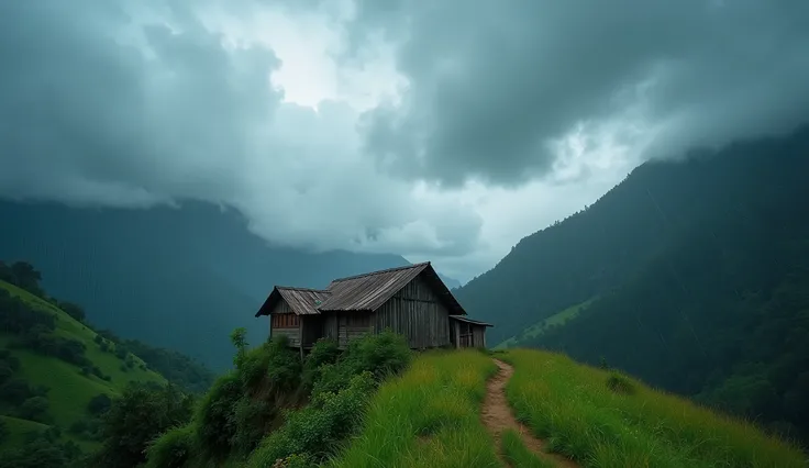 a house of an ethnic minority in the mountainous regions of vietnam, stormy sky, rainy