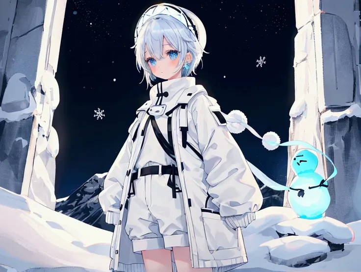 young man, Moa sleeves, Oversized sweater, Wearing a white winter coat, And the snowflake headdress, Mountain landscape, Aurora in the night sky. The character stands playfully next to a snowman., Lively and fun atmosphere, Under the soft light of stars an...