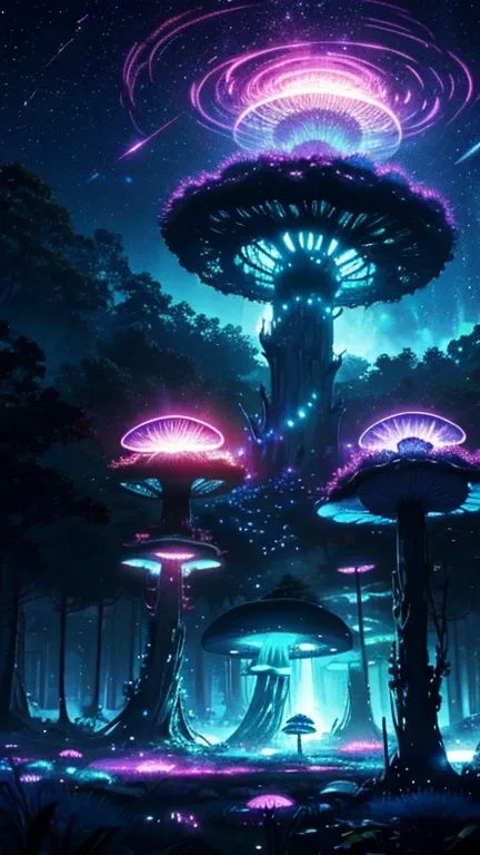 imagine prompt: Viral anime nature wallpaper in 4K quality, in the style of digital illustration inspired by Yoshitaka Amano, showing a mystical forest with giant mushrooms, bioluminescent plants, and ethereal creatures wandering around; cool and mystical ...