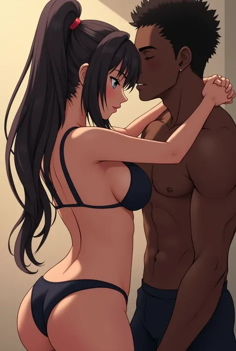 A beautiful anime girl with ponytail hair and big breasts gets gangbang with two big black guy, with dick in pussy and asshole 