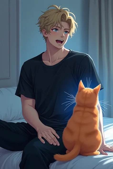 A guy with blonde hair, gray eyes, Beautiful face, beautiful body, looking shock, black T-shirt, black trousers, sitting leaning against the bed, An orange fat cat, cat has glowing blue aura, anime art, realistically, super detail, masterpiece