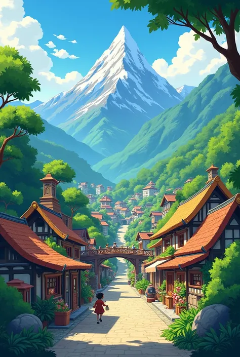 A village located near forests and mountains.The past.cartoon painting