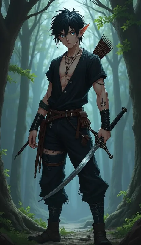 anime-style, masculine, Dark Elf, young adult, a bit small, two short swords in his hands, small bow and arrow quiver on the back, silver eyes, short and black hair, Elf ears with silver earrings, silver hoop jewelry around the upper arms, black top with s...