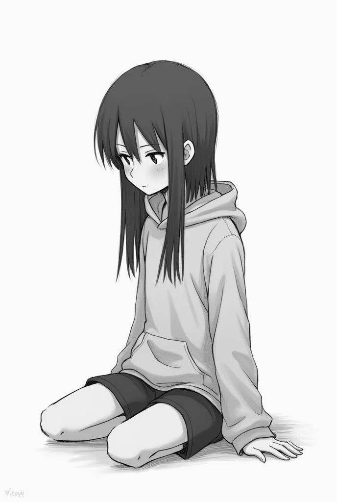 ### Descriptive Tags expressionless, straight long hair, black hair, layered bangs, casual clothing, hoodie, sitting pose, looking down, monochrome background, soft lighting, quiet atmosphere, sketch style, drawing ### Caption, boy in a train, wearing a ho...