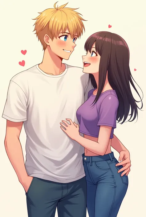 Couples they are cute but not cheesy the man is wearing  t-shirt and jeans and the girl was wearing a purple crop top and jeans 
(Anime) Smile, Blue eyes, Bangs, Blonde Hair, Blush, Sparkle, 