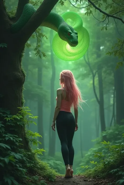 Sexy and beautiful woman, sexy butt, black leggings, pink tank top, long pink hair, At the forest, the woman saw a green snake, the green snake shoots green spirals from its eyes to the woman, the womans eyes turned glowing green spirals when she saw the g...