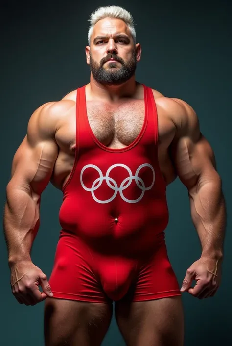 (magazine cover), with text, solo, 1man, (Huge Muscular young man as a wrestler, wearing red olympic wrestling singlet) (short hair, 2tone hair color, two tone hair colors, red and white hair color), pectoral, abnormal muscle size, big bulging crotch, very...