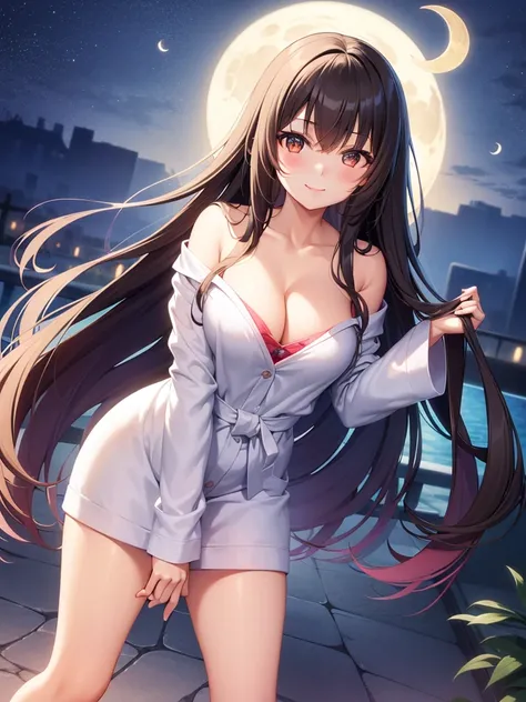 girl, cute, adorable, smiling, straight hair, long hair, black hair, brown eyes, cleavage, standing, looking at the camera, from thighs to head, bedroom, night, crescent moon, blushing, wet, hand on chest, bathrobe