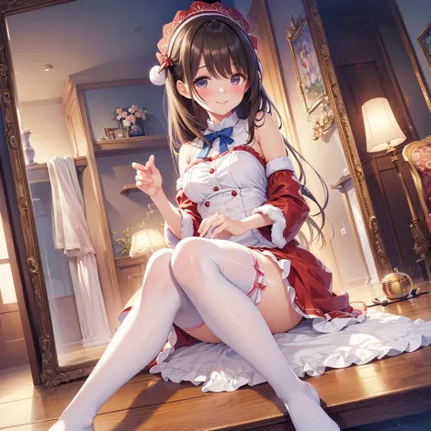 High quality, Ultra detailed, best quality, insanely detailed, beautiful, masterpiece , 1 female, blush, smile , Cute girl anime visuals, Beautiful Anime Girls, Smooth anime CG art, Official artwork, Fascinating anime , Mirror Room , sitting with knees up ...