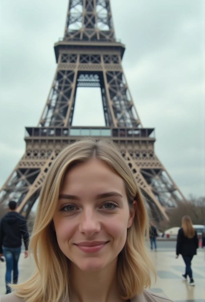 "A blonde woman is recording a video under the Eiffel Tower." "She is facing the screen directly." "The background shows the Eiffel Tower with pedestrians walking by." "The top of the Eiffel Tower is visible." "The video has a 16:9 aspect ratio." "The woma...