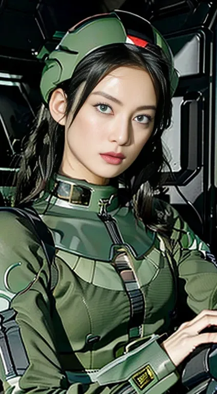 Highest image quality, outstanding details, ultra-high resolution, (realism: 1.4), the best illustration, favor details, highly condensed 1girl, with a delicate and beautiful face, dressed in a black and green mecha, wearing a mecha helmet, holding a direc...