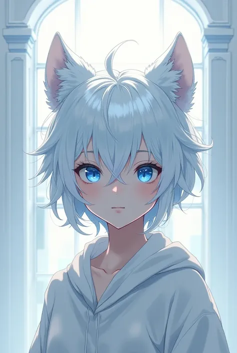 (MeinaMix) white tiger anime man with emotionless anime face white hair and white tiger ears on top of his white hair and blue eyes.

